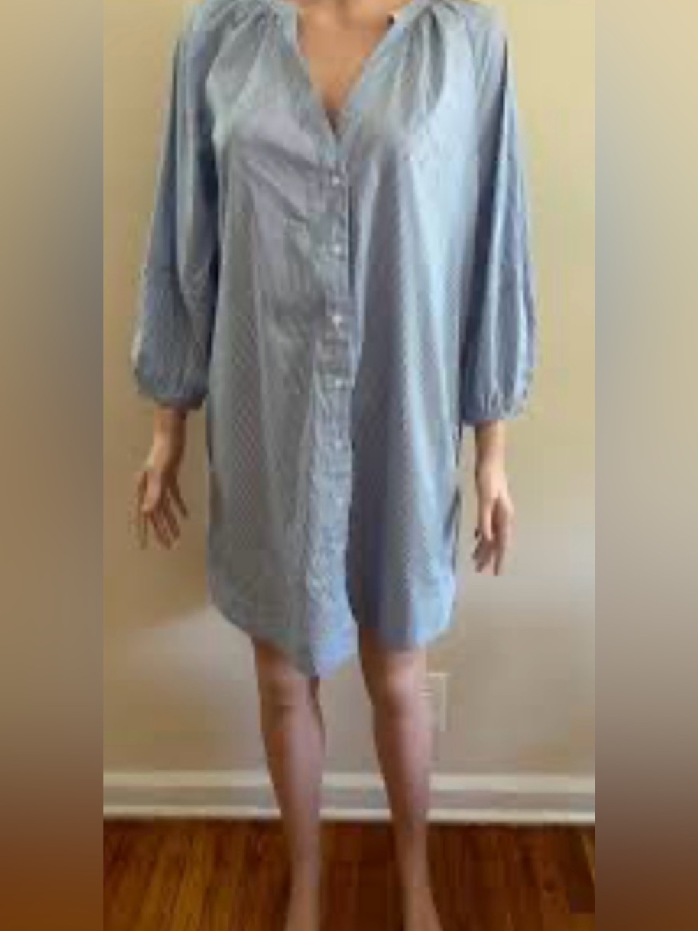 a new day Light Blue Striped Button-Front Mini Shirt Dress with Bubble Sleeves